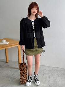 FRIFUL Solid Color Blouse With Diagonal Pocket And Lantern Sleeves Sheer Long Sleeve Top - Black - View 2