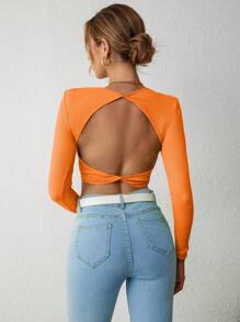 SHEIN Privé 女士純色纏繞背心短袖t恤 - 亮橙色 - 查看 1