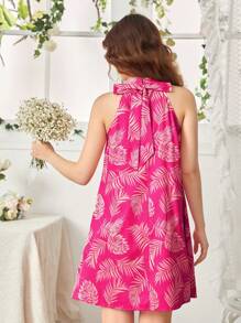 SHEIN Leap Crew Teen Girl Tropical Print Tie Back Halter Neck Dress - Hot Pink - View 2