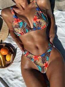 SHEIN Swim Leopard & Plant Print Two Pieces Bikini Set, Summer Beach - Multicolor - View 1