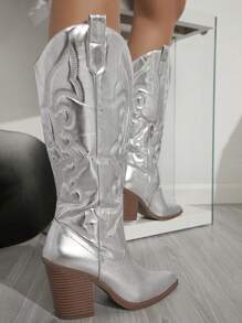SHUZIA Women's Silver Fashionable Mid-Calf High Heel Boots - Silver - View 8