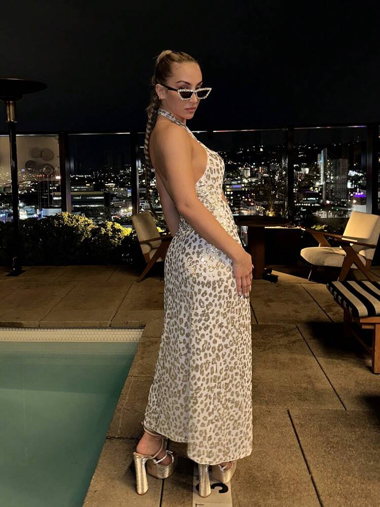 Y2k Summer Music Festival Leopard Print Sparkly Cut Out Cross Back High Slit Halter Maxi Long Dress