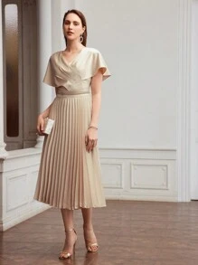 MOTF PREMIUM TWO TONE SURPLICE NECK BATWING SLEEVE PLEATED HEM DRESS,HOLIDAY PARTY BIRTHDAY FORMAL EVENING OCCASSION - Khaki - View 8