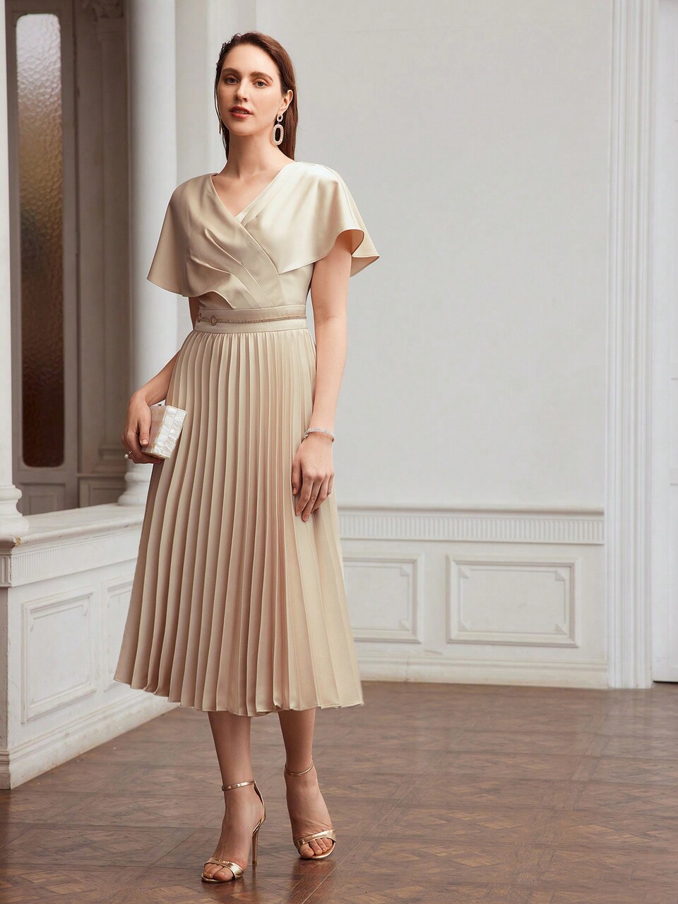 TWO TONE SURPLICE NECK BATWING SLEEVE PLEATED HEM DRESS,HOLIDAY PARTY BIRTHDAY FORMAL EVENING OCCASSION
