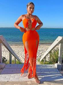 SHEIN SXY 女士拼接流蘇雙開叉搭扣空心背心裙 - 亮橙色 - 查看 6