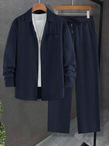 Manfinity Homme Men's Plain Texture Long Sleeve Shirt And Pants Set - Royal Blue - View 7