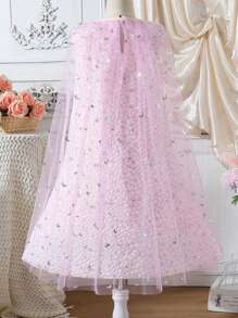 SHEIN Tween Girl Floral Jacquard Backless Dress With Mesh Contrast, Sleeveless