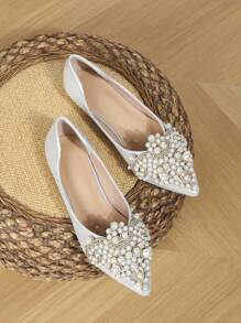 女士蕾絲珍珠裝飾平底鞋,四季適用,時尚女鞋 - 銀色 - 查看 3