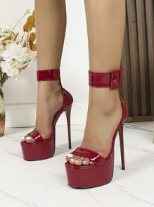 Women's High-Heel Sandals With Large Buckle Decor, Wine Red Waterproof Platform, Sexy Thin And Ultra-High Heels, Fashion Nightclub Shoes