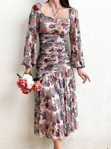 Modelyn 女士花卉印花褶皱灯笼袖连衣裙复古连衣裙长款晚礼服 - 粉色 - 查看 6