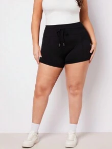 SHEIN BASICS Plus Size Women's Knitted Casual Drawstring Waist Short Leggings - Multicolor - View 3