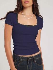 女式 Y2K 风格短袖罗纹蕾丝边 T 恤休闲上衣 春夏季 - 藏蓝色 - 查看 5