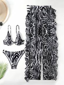 SHEIN Slayr 女式2025度假蛇皮印花性感比基尼套装（含罩衫和裤子，带钢圈）夏季 - 黑與白 - 查看 5