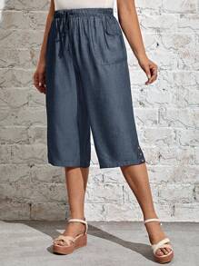 EMERY ROSE Plus Size Elastic Waist Tie Straight Leg Capri Pants - Grey - View 3