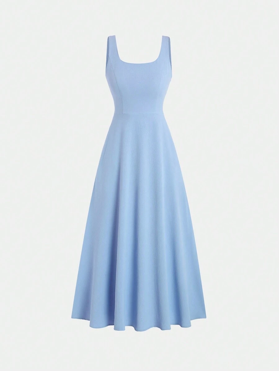 Sweetra Solid Zipper Back Flare Hem Dress Maxi Women Outfit - Blue - View 1