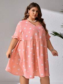 SHEIN CURVE+ Kích thước lớn In Trái tim Tay áo xù Đầm - Hồng - Xem 5