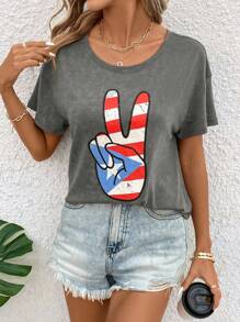 SHEIN LUNE Women's Striped And Star Gesture Printed Drop Shoulder Oversize T-Shirt - Grey - View 4