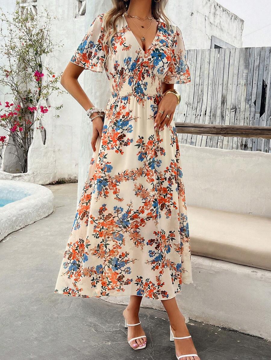 SHEIN VCAY Của phụ nữ Cổ chữ V sâu In hoa Đầm - Màu be - Xem 1