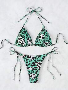SHEIN Swim Tam giác Cúp In hoa Báo Bộ Bikini , String bờ biển Bộ đồ tắm Mùa hè - màu xanh lá - Xem 5