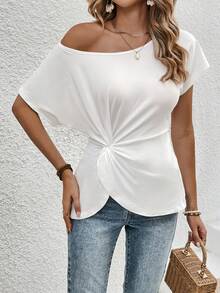 SHEIN Essnce Của phụ nữ Màu thuần Bất đối xứng Đường viền cổ áo Eo Xoắn Ngắn tay Áo thun - trắng - Xem 6
