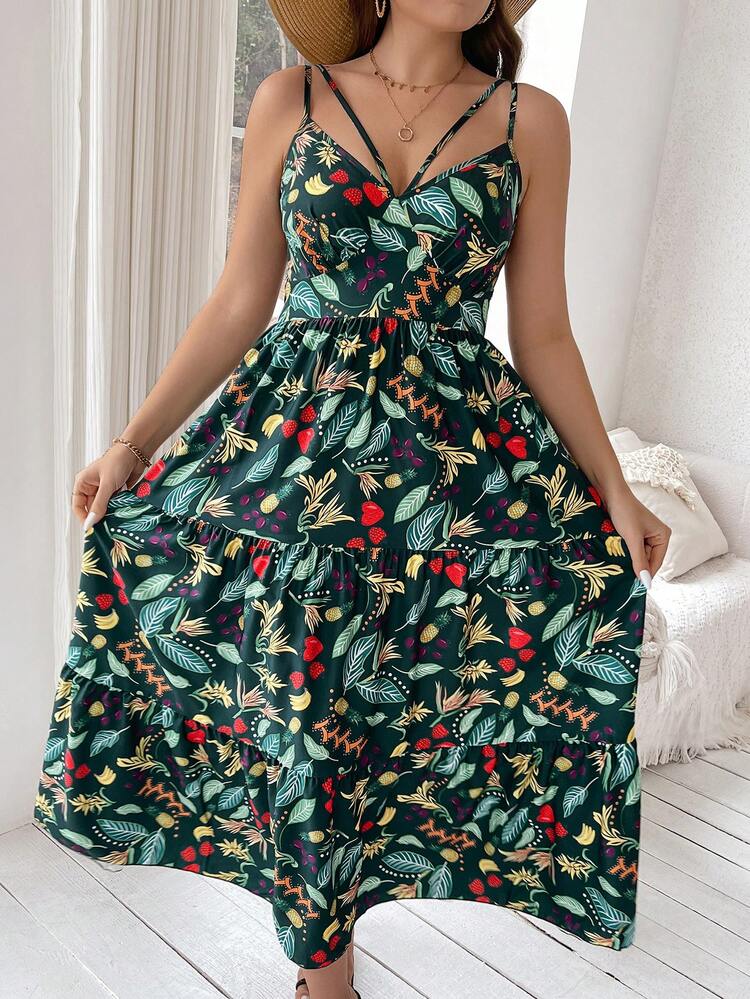 Plus Size Plant Printed Spaghetti Strap Dress