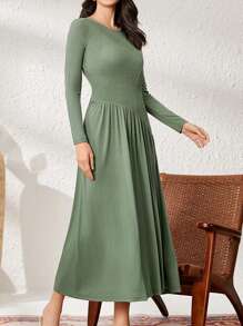 Seusyu Women's Round Neck Long Sleeve Dress - Olive Green - View 6