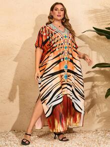 Al Najma Plus Size Leopard Print And Gemstone Pattern V-Neck Batwing Sleeve Arab Garment - Multicolor - View 6