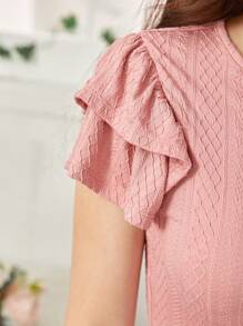 SHEIN Leap Crew 少女編織提花紋理雙層荷葉邊短袖休閒t恤 - 粉色 - 查看 5