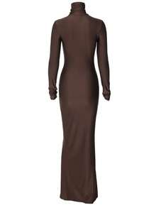 Women Solid Bodycon Long Sleeves Tie Elegant Fall Winter Party Vacation Festival Dress - Coffee - View 3