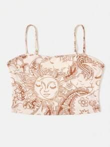 Soleia Women's Holiday Music Festival Sun And Moon Print Bohemian Style Crop Cami Top