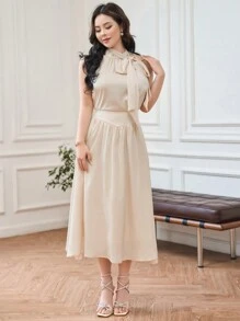 DAZY Conjunto de falda y top halter de satén de 2 piezas - Beis - Ver 6