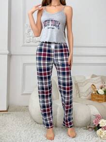 格紋與字母印花女裝睡衣套裝 - 灰色 - 查看 3