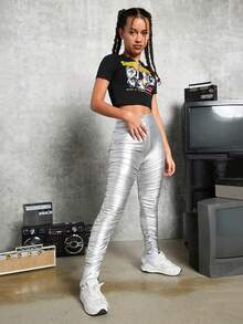 SHEIN 少女彈性PU皮革製褲子，帶有折邊和縫裂裝飾 - 銀色 - 查看 4