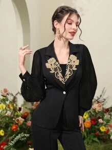 Modelyn Women's Soluble Lace Decoration Single-Breasted Blazer