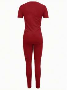 INAWLY 女士心形印花短袖 T 恤和紧身裤套装新年服装