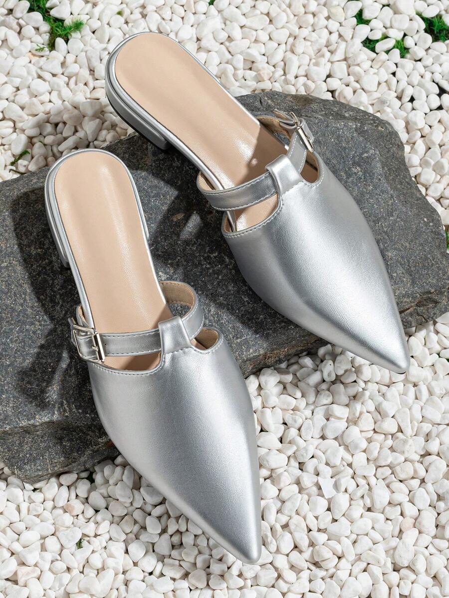 2024年新款春季低跟尖頭帶扣半拖鞋女款,適用於戶外 - 銀色 - 查看 1