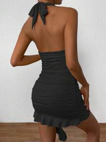 Zolique Solid Color Pleated Bodycon V-Neck Halter Dress - Black - View 2