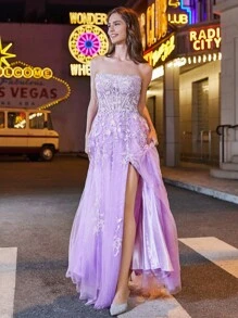 Women's Floral Applique High Slit Mesh Bustier Evening Gown - Lilac Purple - View 8