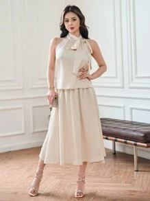 DAZY Conjunto de falda y top halter de satén de 2 piezas - Beis - Ver 7