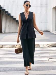 SHEIN BIZwear Chaleco De Traje De Mujer Con Botones Frontales Y Color Sólido - Azul Marino - Ver 6