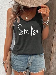 INAWLY Letter Print Round Neck Casual Tank Top - Dark Grey - View 3