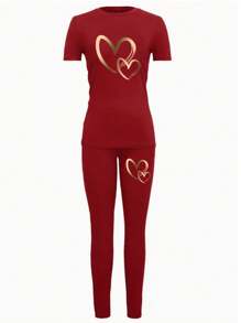 INAWLY 女士心形印花短袖 T 恤和紧身裤套装新年服装