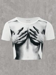 SHEIN LUNE Cơ thể In Thon gọn Ngắn tay Áo thun - trắng - Xem 1