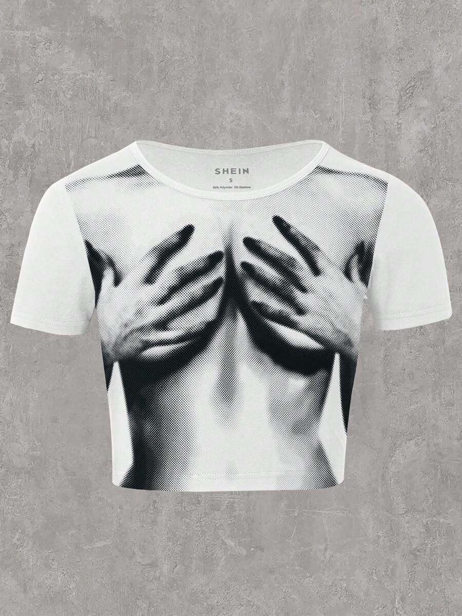 SHEIN LUNE Cơ thể In Thon gọn Ngắn tay Áo thun - trắng - Xem 1