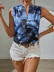 SHEIN Essnce Của phụ nữ Hoa văn đá cẩm thạch Không tay Áo sơ mi Với Vai - Màu xanh lam - Xem 6