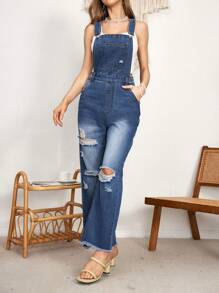 Breezaya Ripped Raw Hem Denim Overalls - Light Wash - View 6