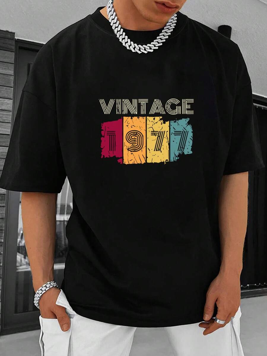 Men's Casual Drooping Shoulder Short Sleeve T-Shirt With Fun Print And Round Neck - Black - View 1