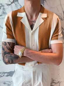 Men's Contrast Color Patchwork Turndown Collar Short Sleeve Knit Top - Beige - View 4