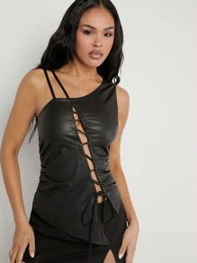 Hauture Asymmetrical Drawstring Cut Out Top - Black - View 1