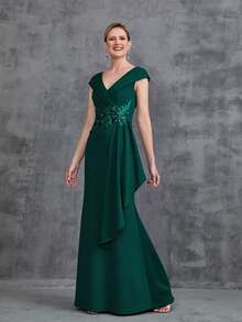 Women' Floral Applique Cap Sleeves Formal Dress - Dark Green - View 4